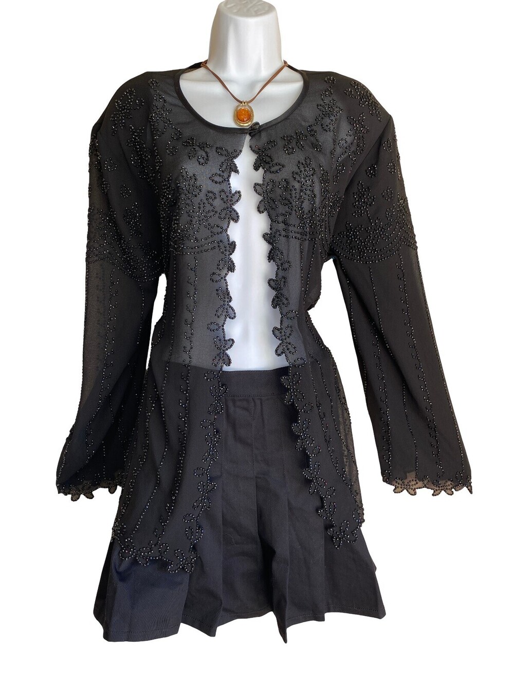 Vintage DressBarn Plus 22 Black Beaded Lace Open Front Cardigan Goth Whimsigoth